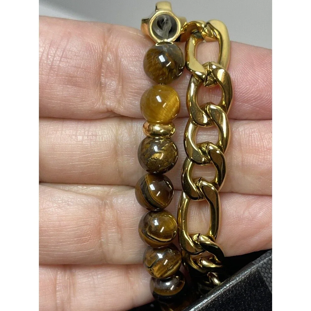 American Exchange Men’s Tigers Eye & Gold Chain Link Bracelet Set New